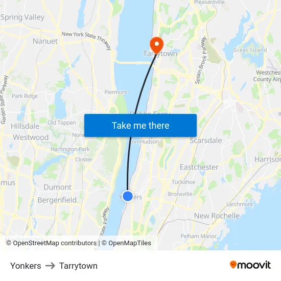 Yonkers to Tarrytown map