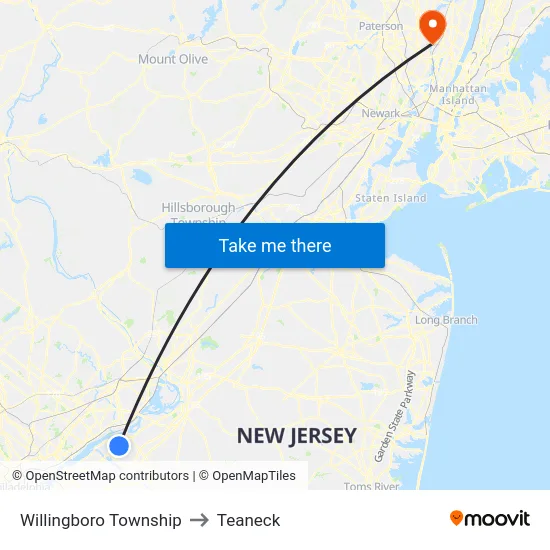 Willingboro Township to Teaneck map