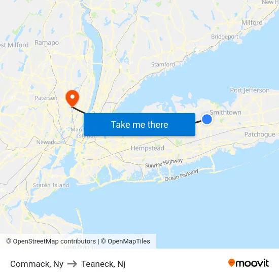 Commack to Teaneck, Nj map