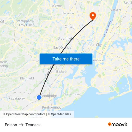 Edison to Teaneck map