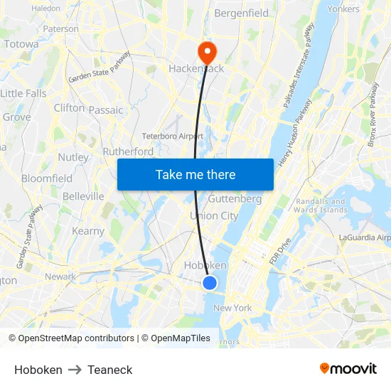Hoboken to Teaneck map