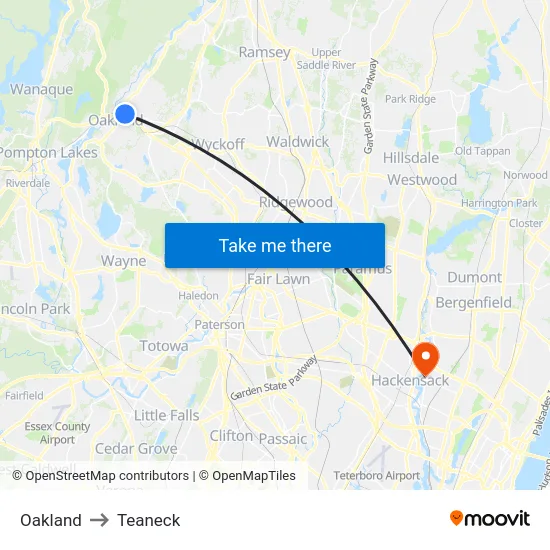 Oakland to Teaneck map