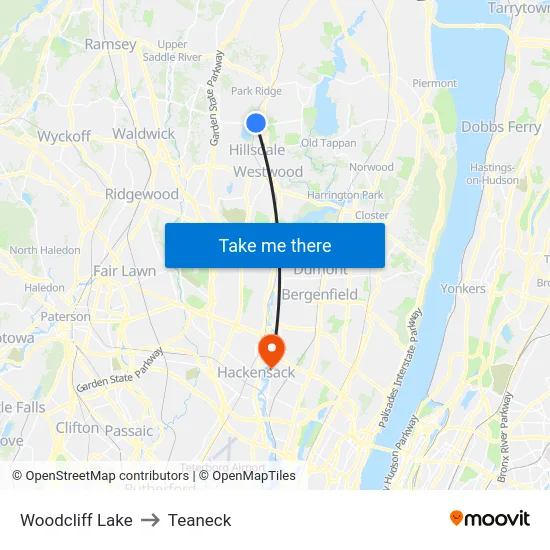Woodcliff Lake to Teaneck map