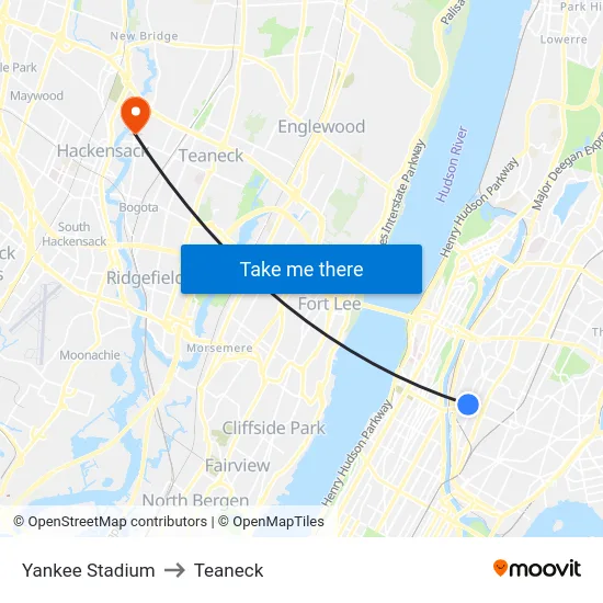 Yankee Stadium to Teaneck map
