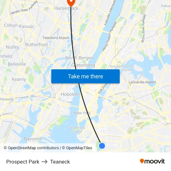 Prospect Park to Teaneck map