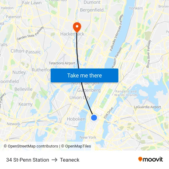 34 St-Penn Station to Teaneck map