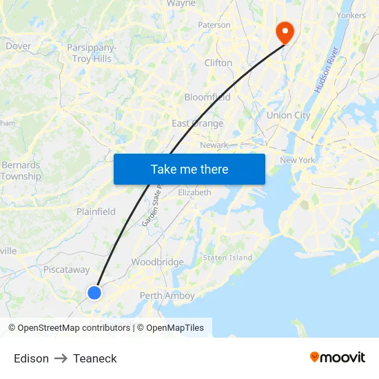 Edison to Teaneck map