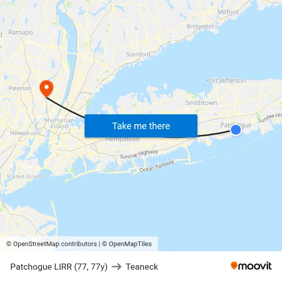 Patchogue LIRR (77, 77y) to Teaneck map
