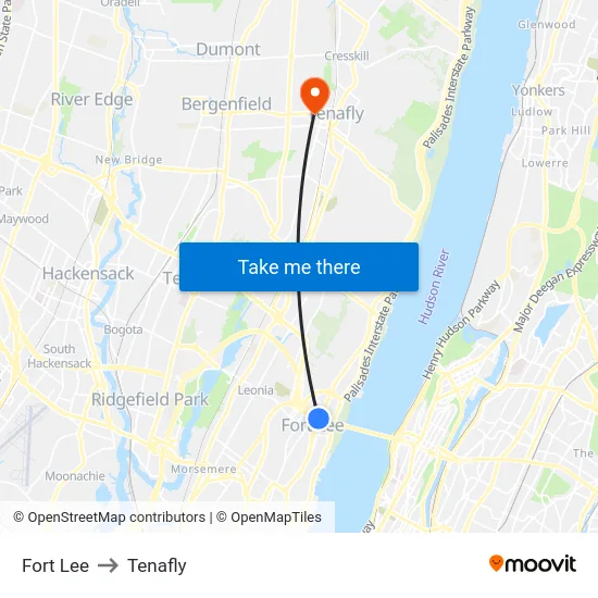 Fort Lee to Tenafly map