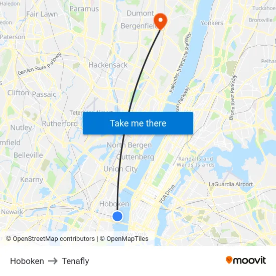 Hoboken to Tenafly map