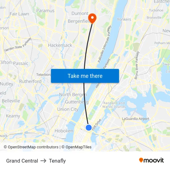 Grand Central to Tenafly map