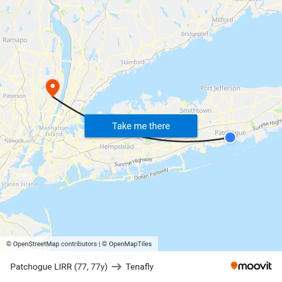 Patchogue LIRR (77, 77y) to Tenafly map