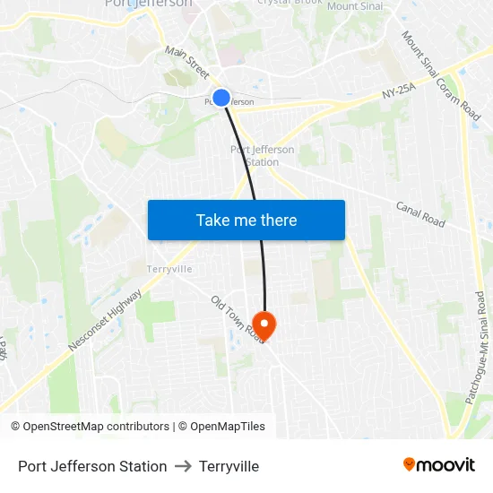 Port Jefferson Station to Terryville map