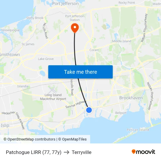 Patchogue LIRR (77, 77y) to Terryville map