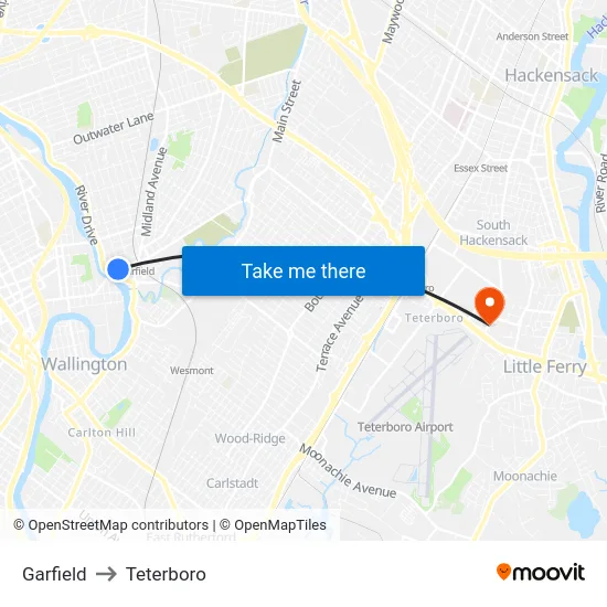 Garfield to Teterboro map