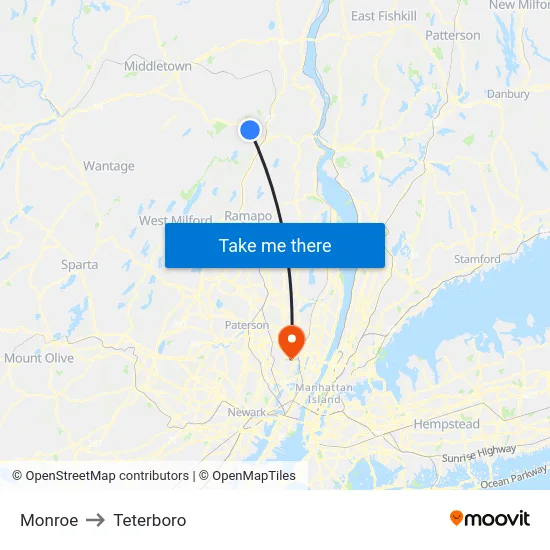 Monroe to Teterboro map