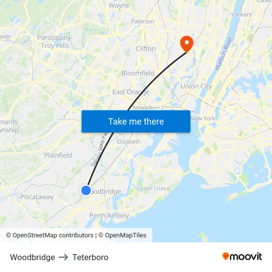Woodbridge to Teterboro map