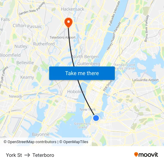 York St to Teterboro map