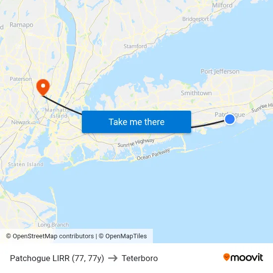 Patchogue LIRR (77, 77y) to Teterboro map