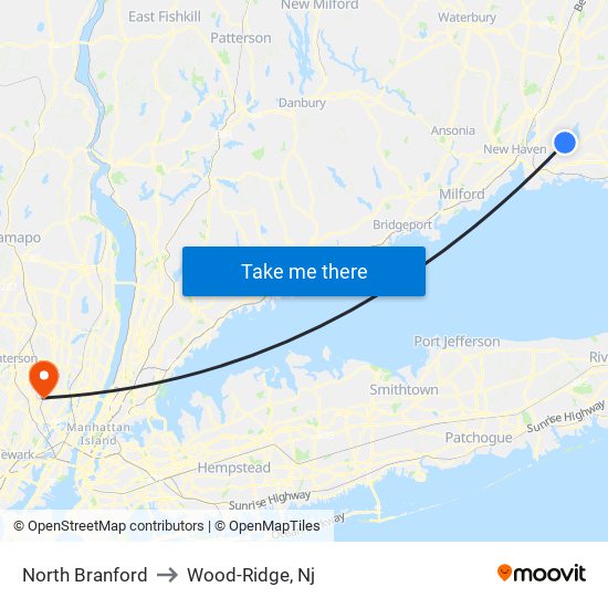 North Branford to Wood-Ridge, Nj map