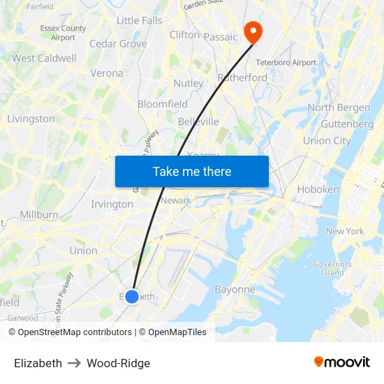 Elizabeth to Wood-Ridge map