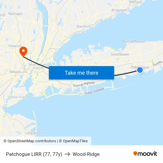 Patchogue LIRR (77, 77y) to Wood-Ridge map