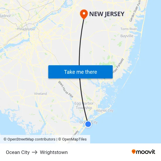 Ocean City to Wrightstown map