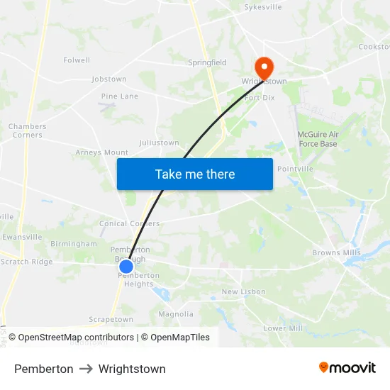 Pemberton to Wrightstown map