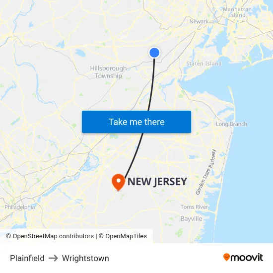 Plainfield to Wrightstown map