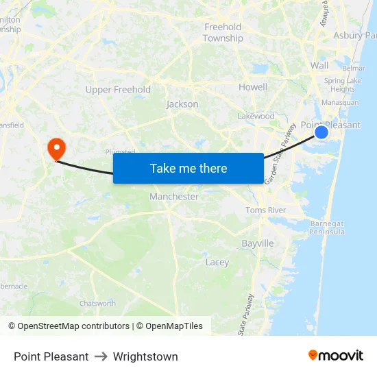 Point Pleasant to Wrightstown map