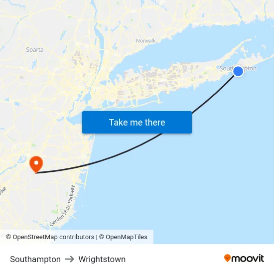 Southampton to Wrightstown map