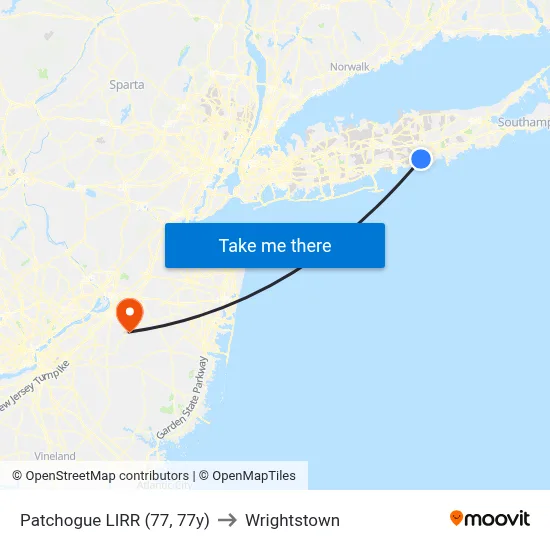 Patchogue LIRR (77, 77y) to Wrightstown map