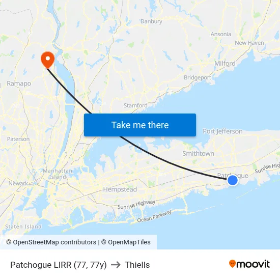 Patchogue LIRR (77, 77y) to Thiells map