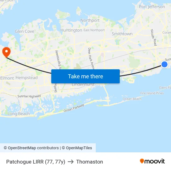 Patchogue LIRR (77, 77y) to Thomaston map