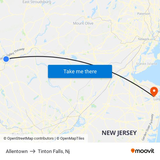 Allentown to Tinton Falls, Nj map