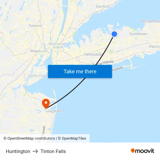 Huntington to Tinton Falls map