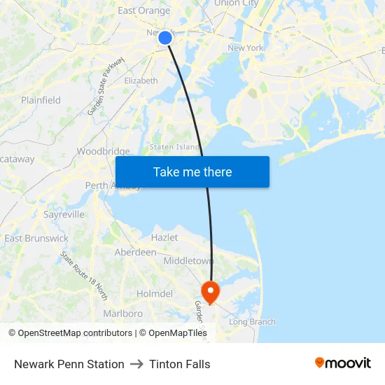 Newark Penn Station to Tinton Falls map