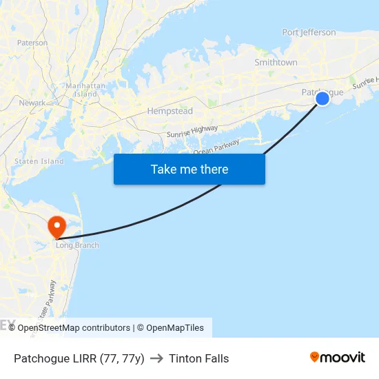 Patchogue LIRR (77, 77y) to Tinton Falls map