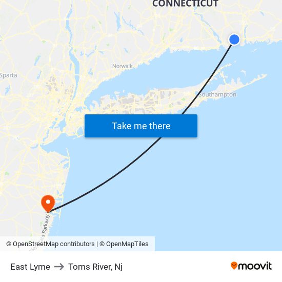 East Lyme to Toms River, Nj map