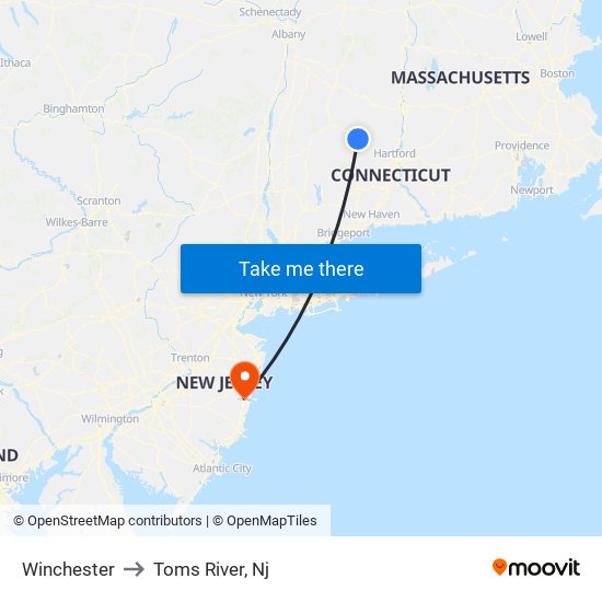 Winchester to Toms River, Nj map