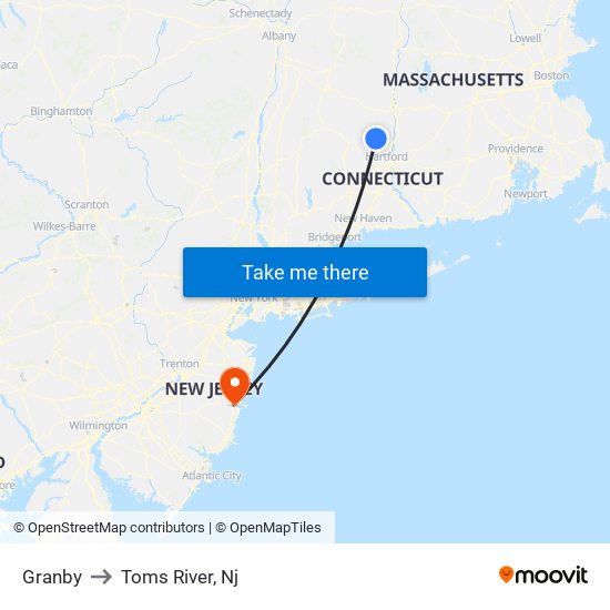 Granby to Toms River, Nj map