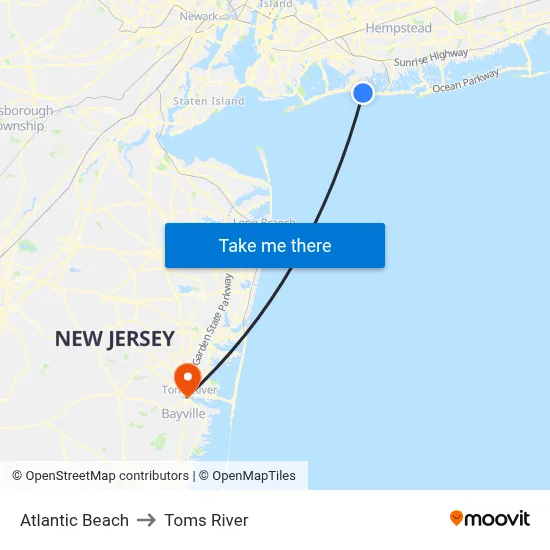 Atlantic Beach to Toms River map