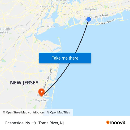 Oceanside to Toms River, Nj map