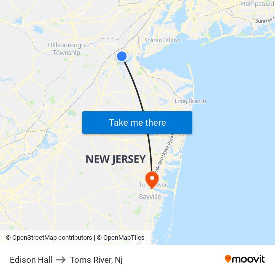 Edison Hall to Toms River, Nj map