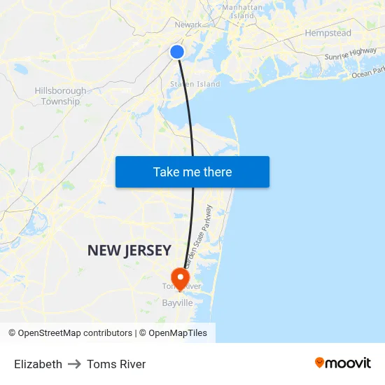 Elizabeth to Toms River map