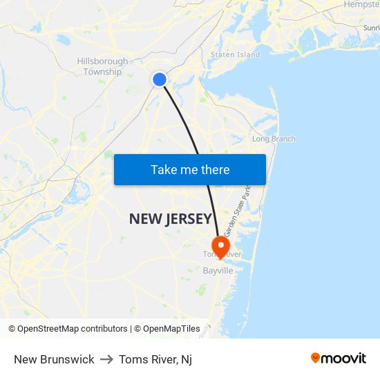 New Brunswick to Toms River, Nj map