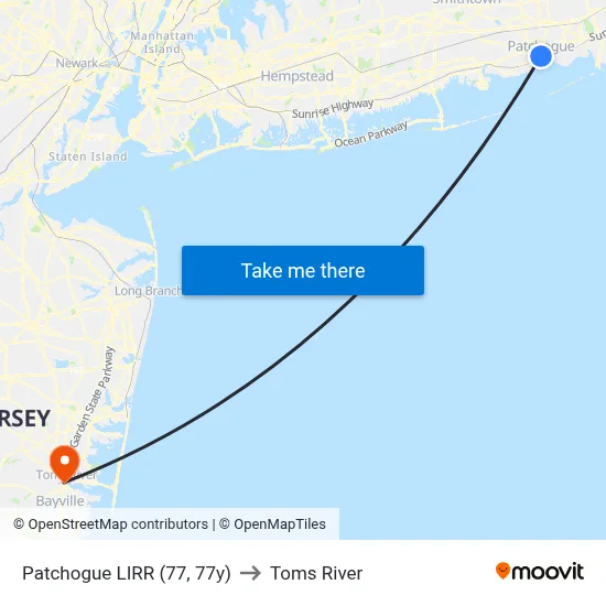 Patchogue LIRR (77, 77y) to Toms River map