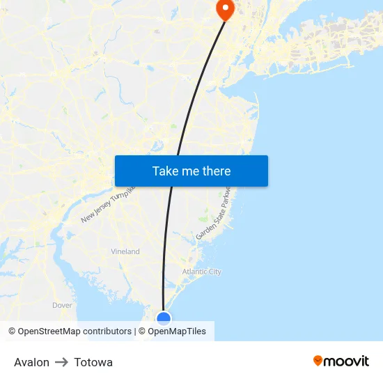 Avalon to Totowa map