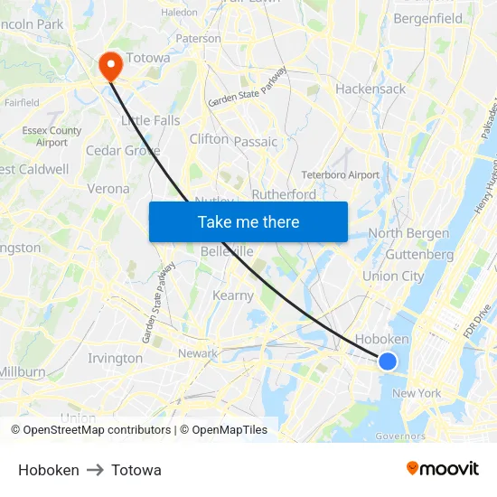 Hoboken to Totowa map