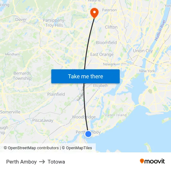 Perth Amboy to Totowa map